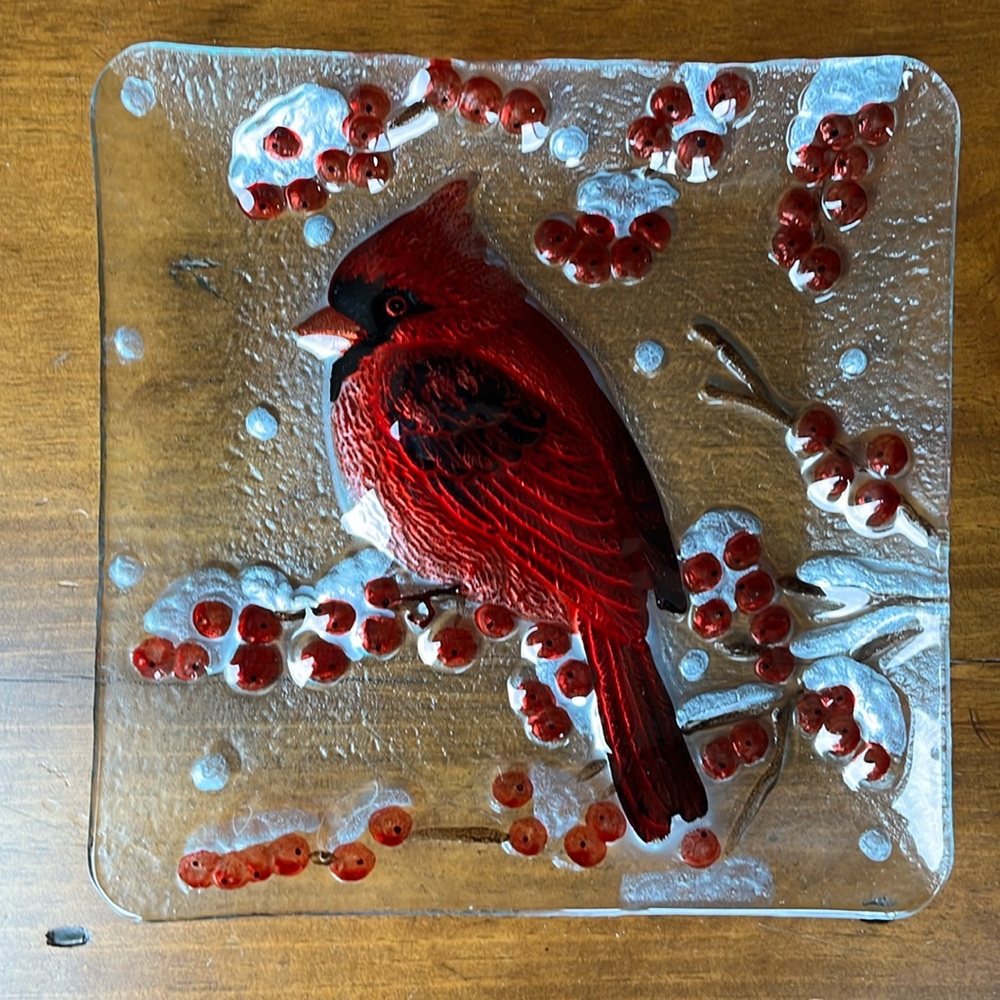 Fused Art Glass Cardinal Bird Square Serving Plate Red Berries